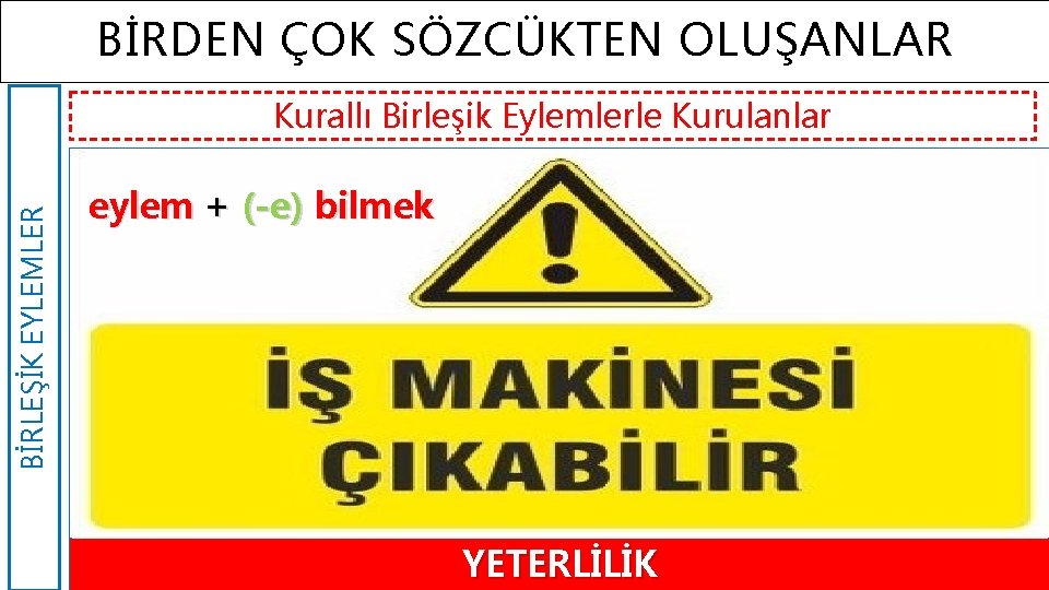 BİRDEN ÇOK SÖZCÜKTEN OLUŞANLAR BİRLEŞİK EYLEMLER Kurallı Birleşik Eylemlerle Kurulanlar eylem + (-e) bilmek
