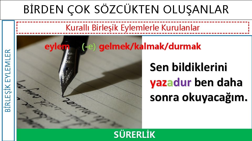 BİRDEN ÇOK SÖZCÜKTEN OLUŞANLAR BİRLEŞİK EYLEMLER Kurallı Birleşik Eylemlerle Kurulanlar eylem + (-e) gelmek/kalmak/durmak