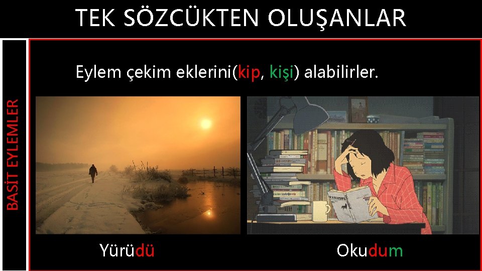 TEK SÖZCÜKTEN OLUŞANLAR BASİT EYLEMLER Eylem çekim eklerini(kip, kişi) alabilirler. Yürüdü Okudum 