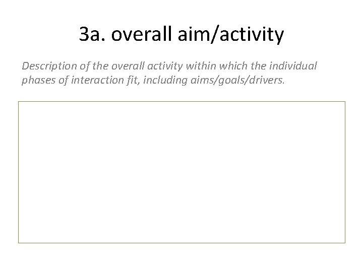 3 a. overall aim/activity Description of the overall activity within which the individual phases