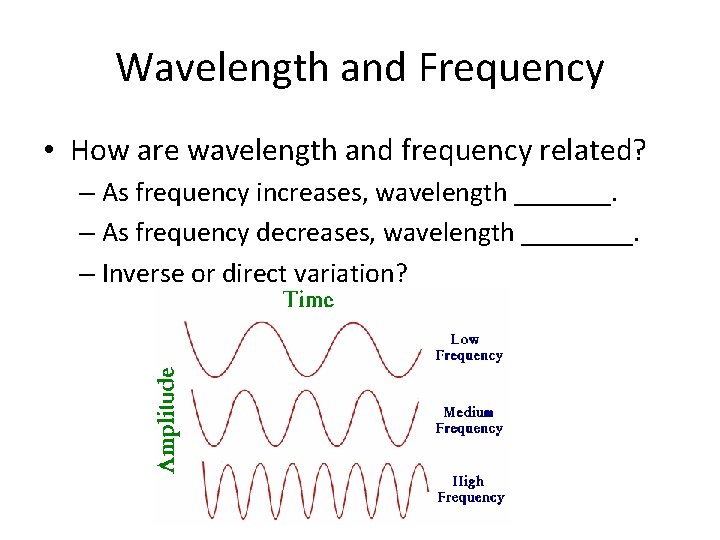 Wavelength and Frequency • How are wavelength and frequency related? – As frequency increases,