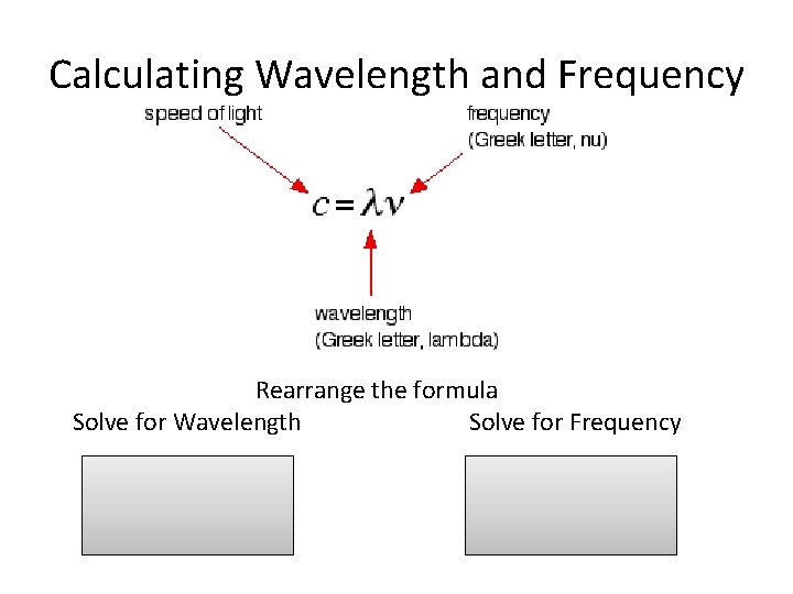 Calculating Wavelength and Frequency Rearrange the formula Solve for Wavelength Solve for Frequency 