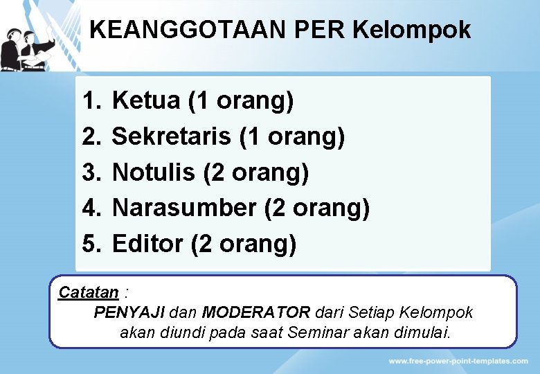 KEANGGOTAAN PER Kelompok 1. 2. 3. 4. 5. Ketua (1 orang) Sekretaris (1 orang)