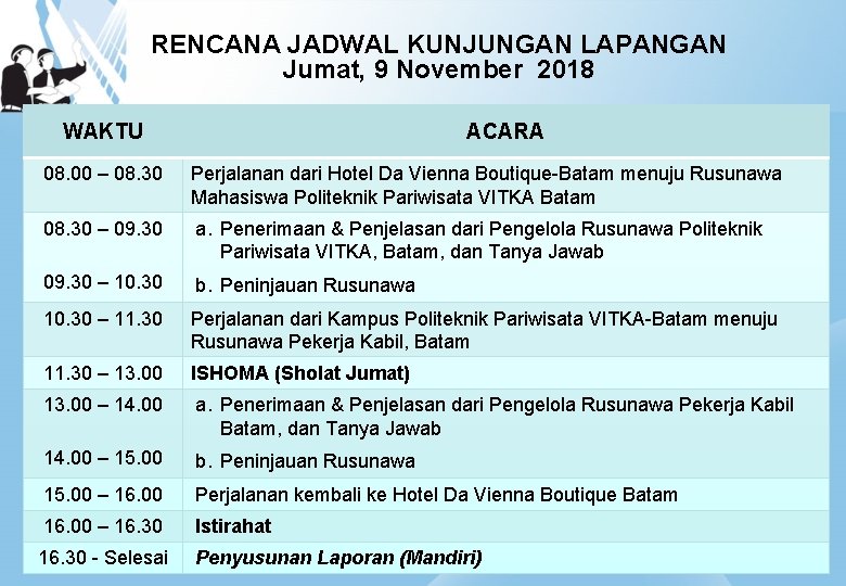 RENCANA JADWAL KUNJUNGAN LAPANGAN Jumat, 9 November 2018 WAKTU ACARA 08. 00 – 08.