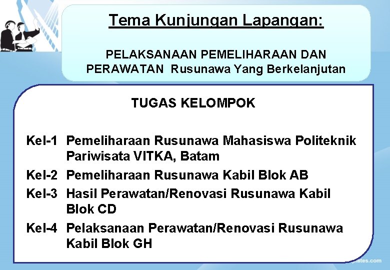 Tema Kunjungan Lapangan: PELAKSANAAN PEMELIHARAAN DAN PERAWATAN Rusunawa Yang Berkelanjutan TUGAS KELOMPOK Kel-1 Pemeliharaan