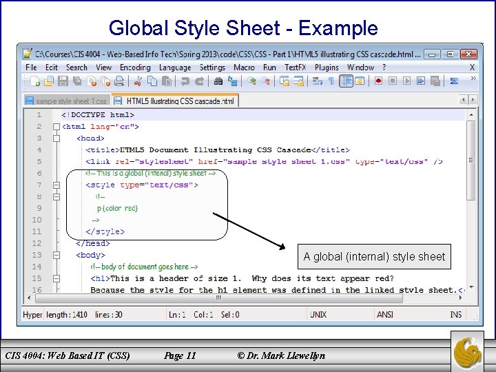 Global Style Sheet - Example A global (internal) style sheet CIS 4004: Web Based