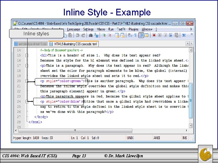 Inline Style - Example Inline styles CIS 4004: Web Based IT (CSS) Page 13