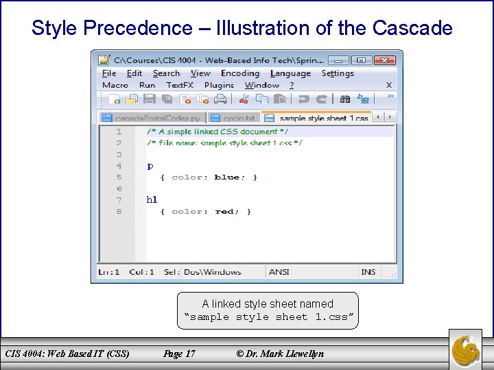 Style Precedence – Illustration of the Cascade A linked style sheet named “sample style