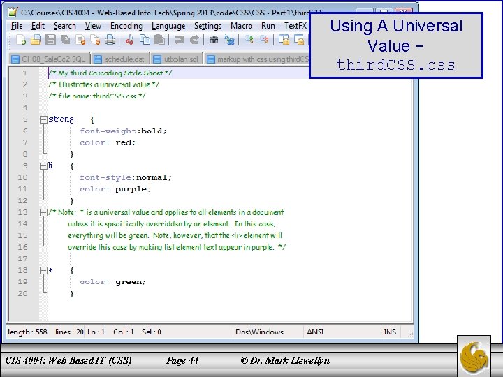 Using A Universal Value − third. CSS. css CIS 4004: Web Based IT (CSS)