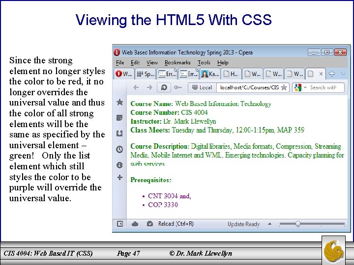 Viewing the HTML 5 With CSS Since the strong element no longer styles the