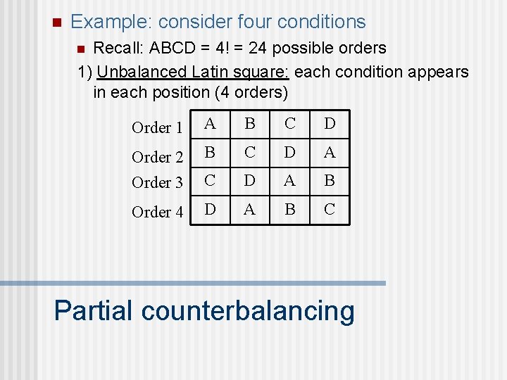 n Example: consider four conditions Recall: ABCD = 4! = 24 possible orders 1)