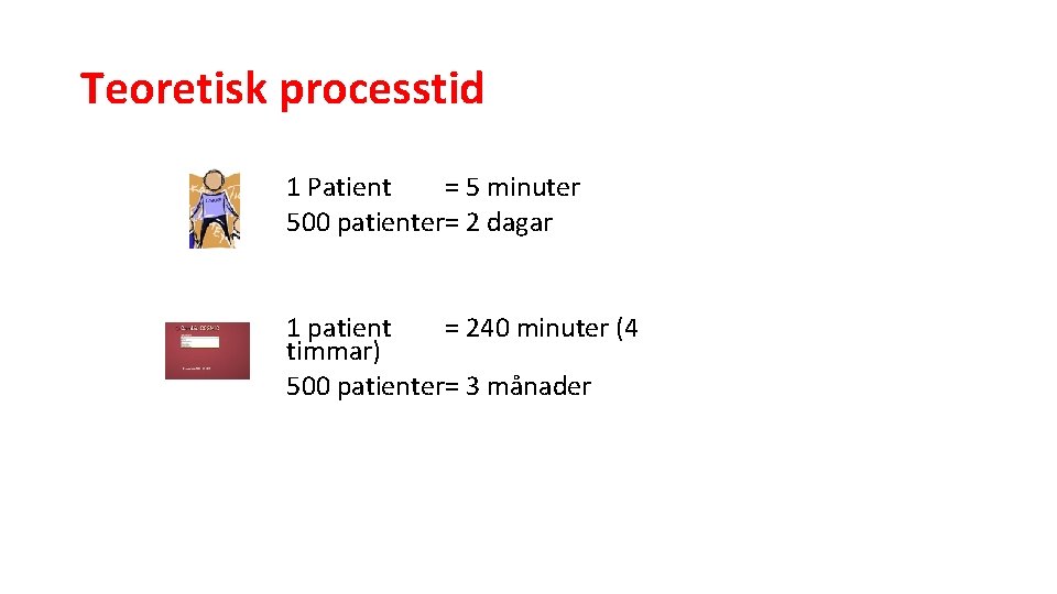 Teoretisk processtid 1 Patient = 5 minuter 500 patienter= 2 dagar 1 patient =