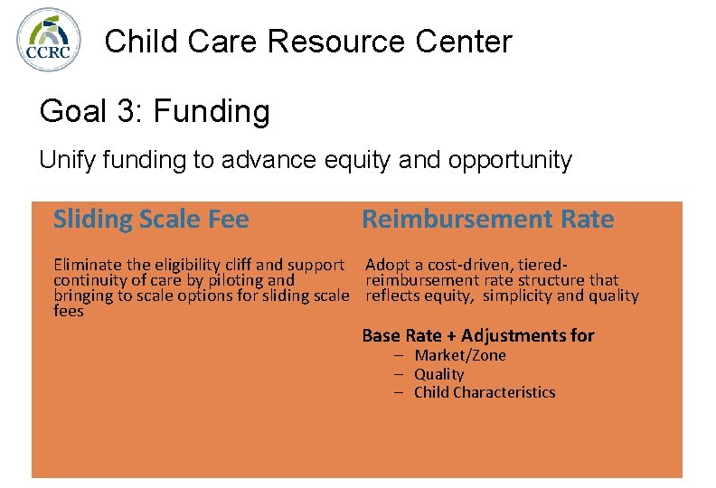 Child Care Resource Center Goal 3: Funding Unify funding to advance equity and opportunity