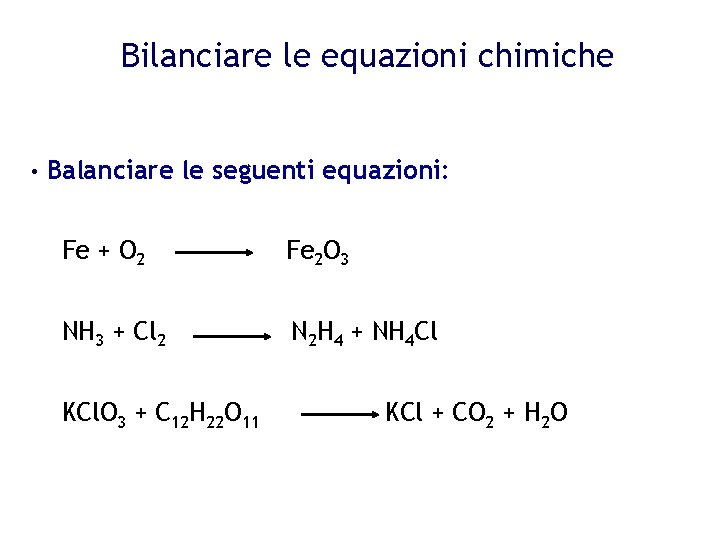 Bilanciare le equazioni chimiche • Balanciare le seguenti equazioni: Fe + O 2 Fe
