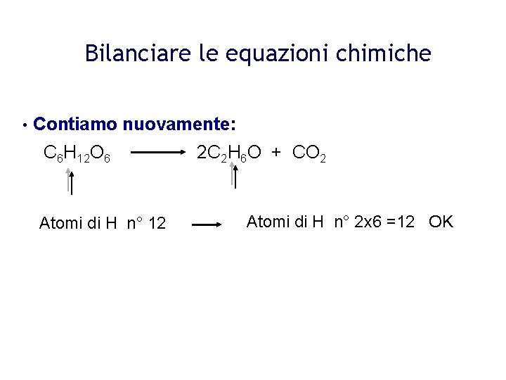 Bilanciare le equazioni chimiche • Contiamo nuovamente: C 6 H 12 O 6 Atomi