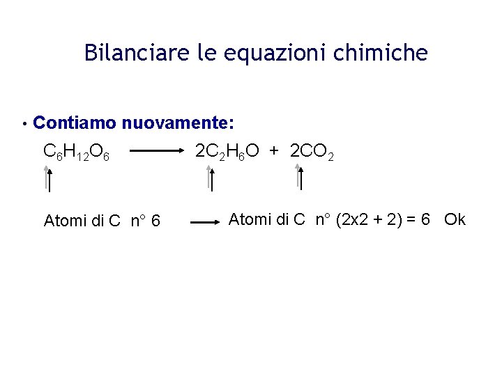 Bilanciare le equazioni chimiche • Contiamo nuovamente: C 6 H 12 O 6 Atomi