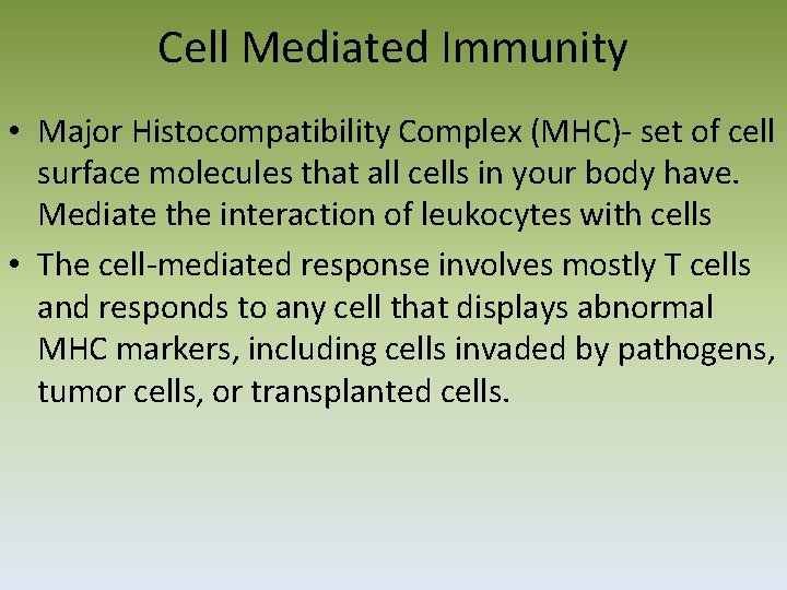 Cell Mediated Immunity • Major Histocompatibility Complex (MHC)‐ set of cell surface molecules that