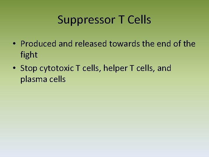 Suppressor T Cells • Produced and released towards the end of the fight •