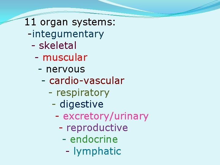 11 organ systems: -integumentary - skeletal - muscular - nervous - cardio-vascular - respiratory