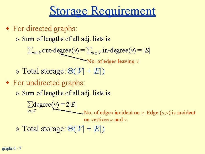 Storage Requirement w For directed graphs: » Sum of lengths of all adj. lists