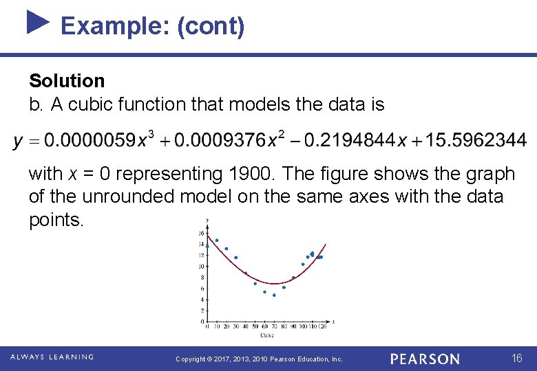 Example: (cont) Solution b. A cubic function that models the data is with x