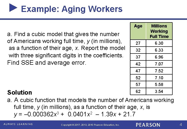 Example: Aging Workers Age Millions Working Full Time 27 6. 30 32 6. 33