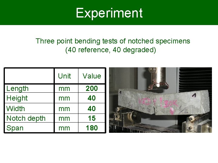 Experiment Three point bending tests of notched specimens (40 reference, 40 degraded) Length Height