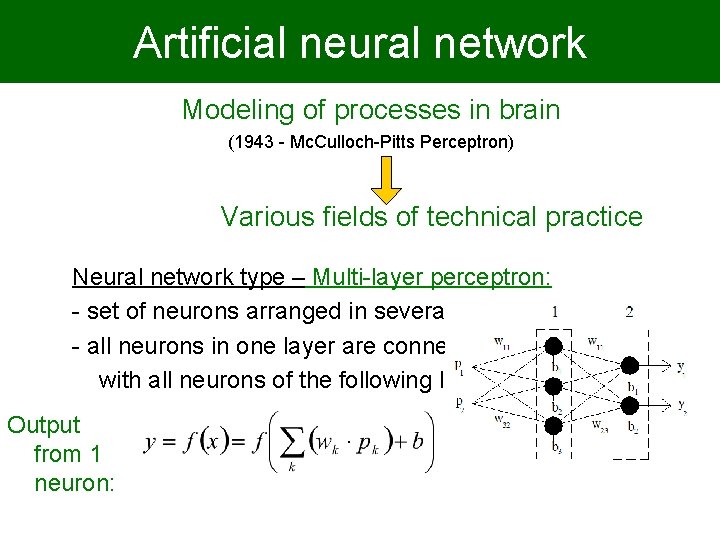 Artificial neural network Modeling of processes in brain (1943 - Mc. Culloch-Pitts Perceptron) Various