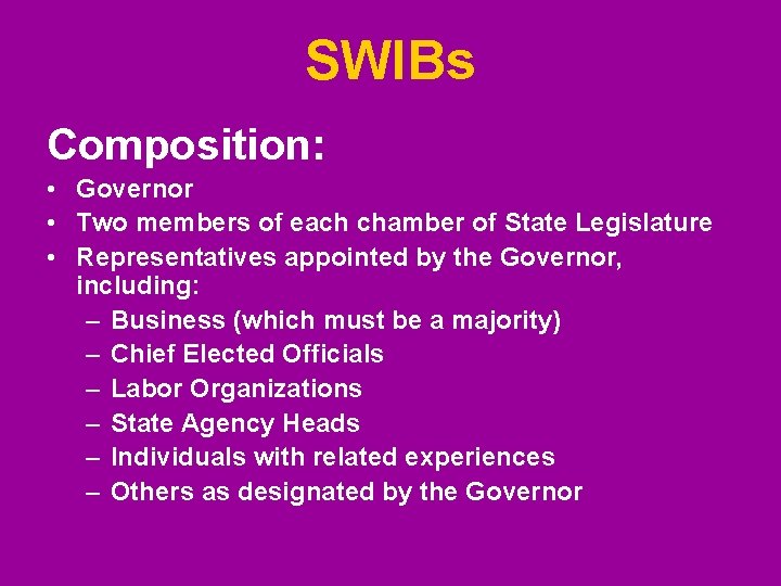 SWIBs Composition: • Governor • Two members of each chamber of State Legislature • SWIBs Composition: • Governor • Two members of each chamber of State Legislature •