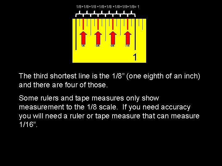 1/8+1/8+1/8+1/8= 1 1/8 3/8 5/8 7/8 1 The third shortest line is the 1/8”