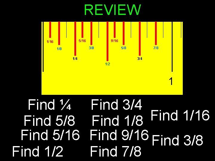 REVIEW 5/16 1/16 9/16 3/8 1/8 5/8 1/4 7/8 3/4 1/2 1 Find ¼