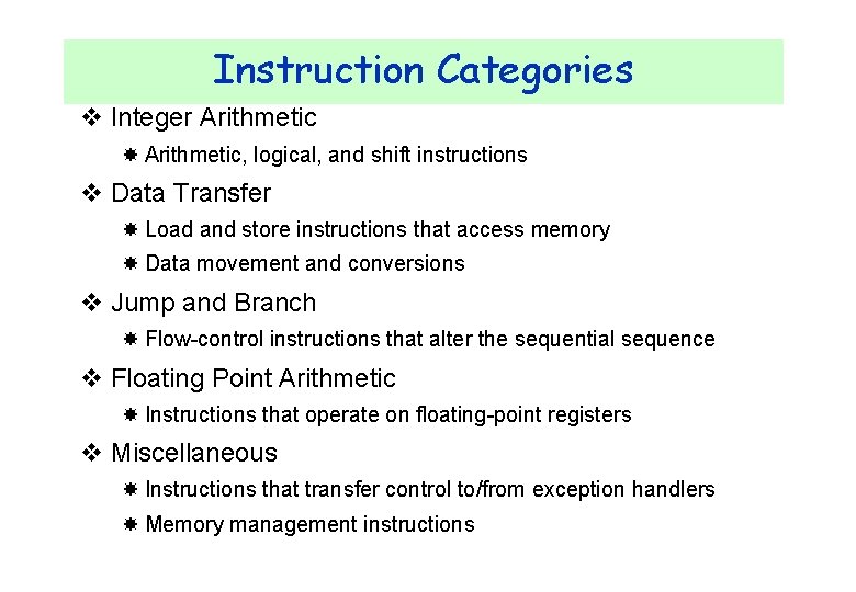 Instruction Categories v Integer Arithmetic, logical, and shift instructions v Data Transfer Load and