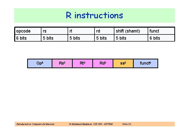 R instructions opcode rs rt rd shift (shamt) funct 6 bits 5 bits 6