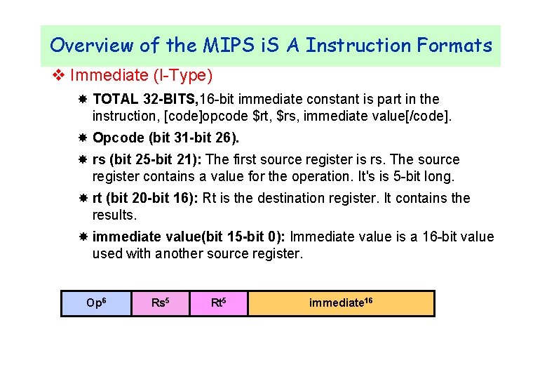 Overview of the MIPS i. S A Instruction Formats v Immediate (I-Type) TOTAL 32
