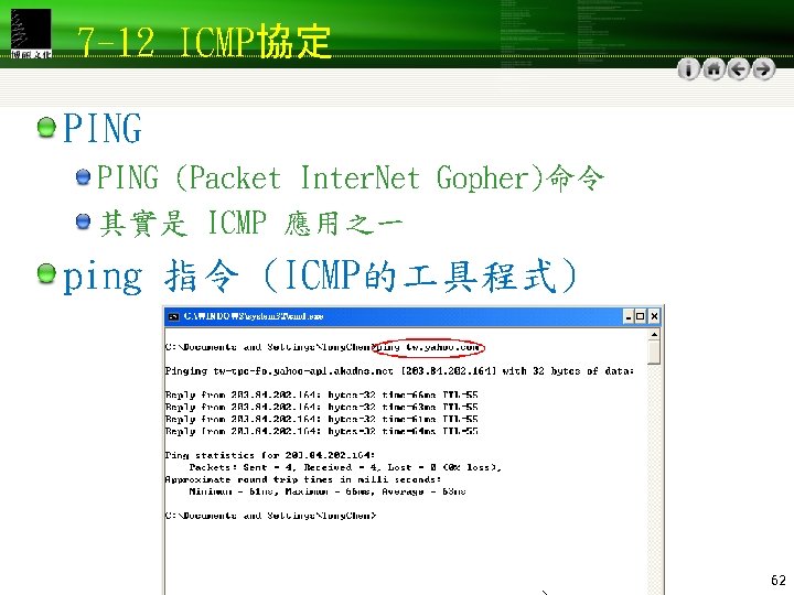 7 -12 ICMP協定 PING (Packet Inter. Net Gopher)命令 其實是 ICMP 應用之一 ping 指令 (ICMP的