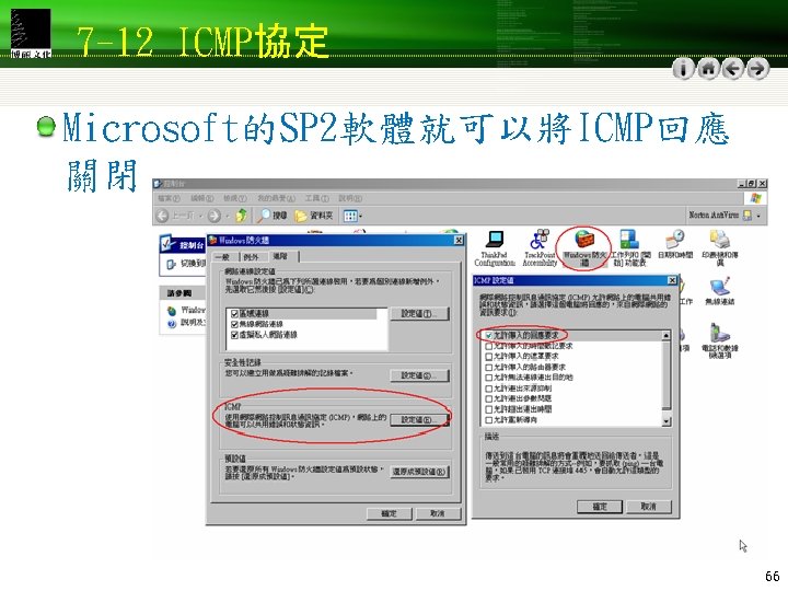 7 -12 ICMP協定 Microsoft的SP 2軟體就可以將ICMP回應 關閉 66 