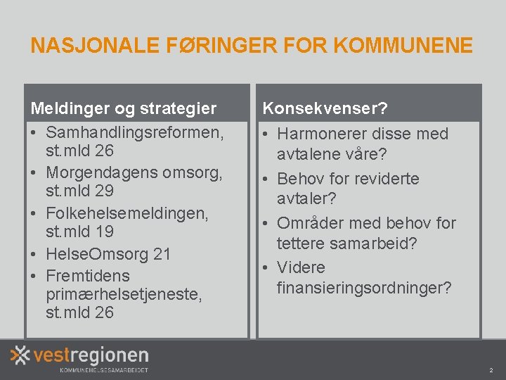 NASJONALE FØRINGER FOR KOMMUNENE Meldinger og strategier • Samhandlingsreformen, st. mld 26 • Morgendagens