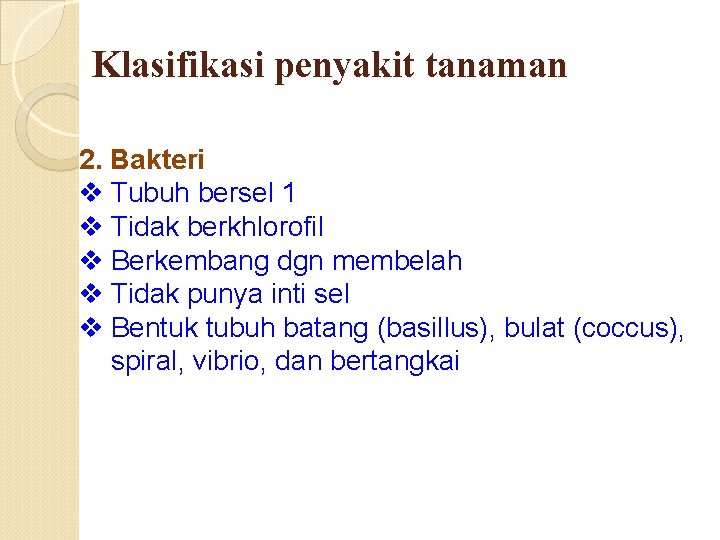 Klasifikasi penyakit tanaman 2. Bakteri v Tubuh bersel 1 v Tidak berkhlorofil v Berkembang