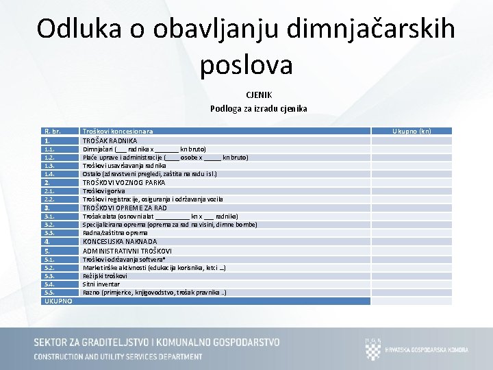 Odluka o obavljanju dimnjačarskih poslova CJENIK Podloga za izradu cjenika R. br. 1. Troškovi