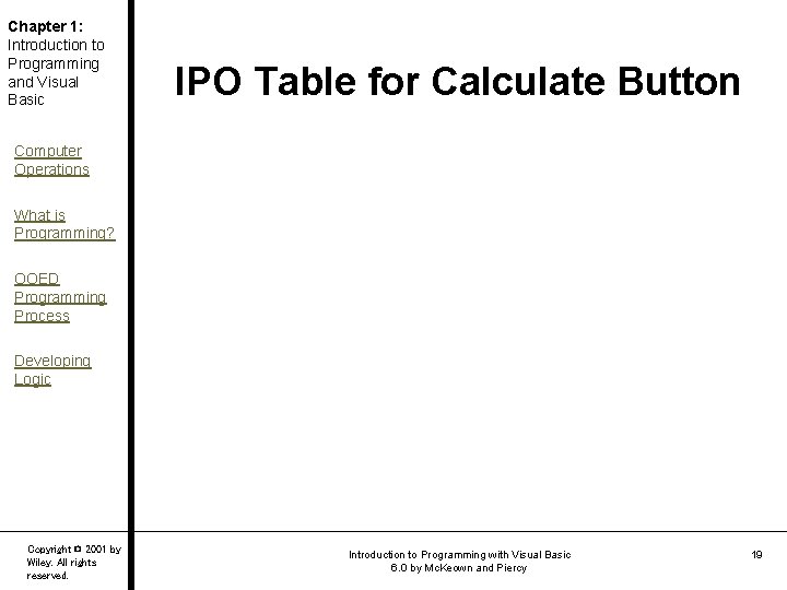 Chapter 1: Introduction to Programming and Visual Basic IPO Table for Calculate Button Computer Chapter 1: Introduction to Programming and Visual Basic IPO Table for Calculate Button Computer