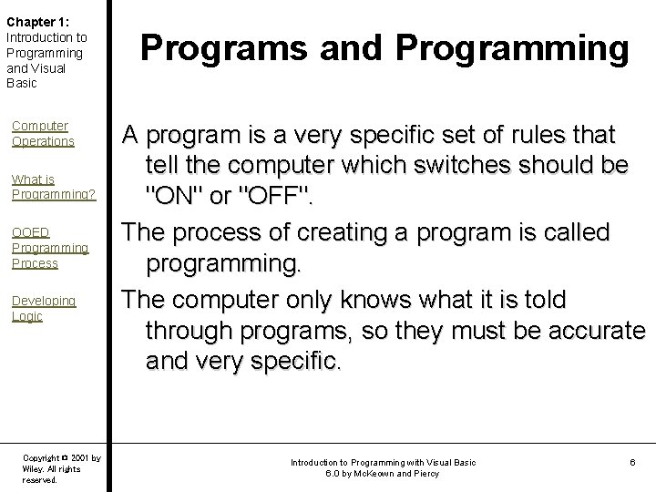 Chapter 1: Introduction to Programming and Visual Basic Computer Operations What is Programming? OOED Chapter 1: Introduction to Programming and Visual Basic Computer Operations What is Programming? OOED