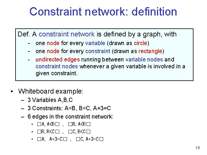 Constraint network: definition Def. A constraint network is defined by a graph, with -
