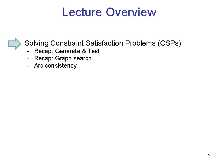 Lecture Overview • Solving Constraint Satisfaction Problems (CSPs) - Recap: Generate & Test -