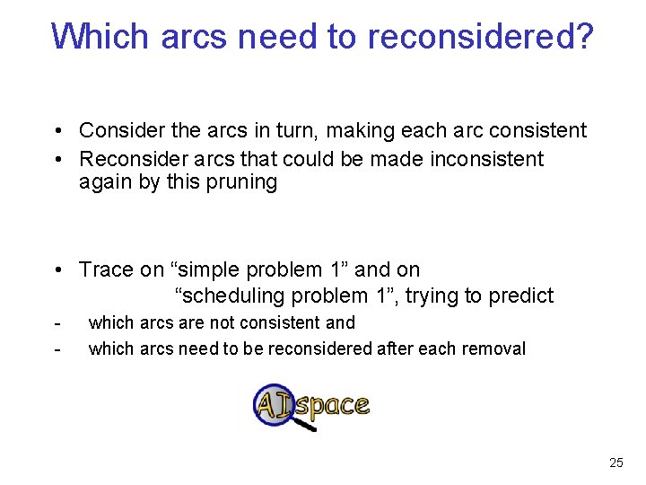 Which arcs need to reconsidered? • Consider the arcs in turn, making each arc