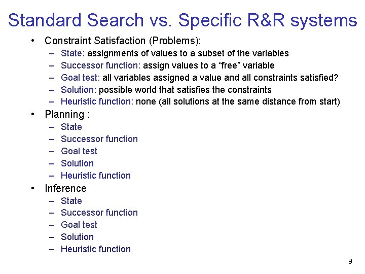 Standard Search vs. Specific R&R systems • Constraint Satisfaction (Problems): – – – State: