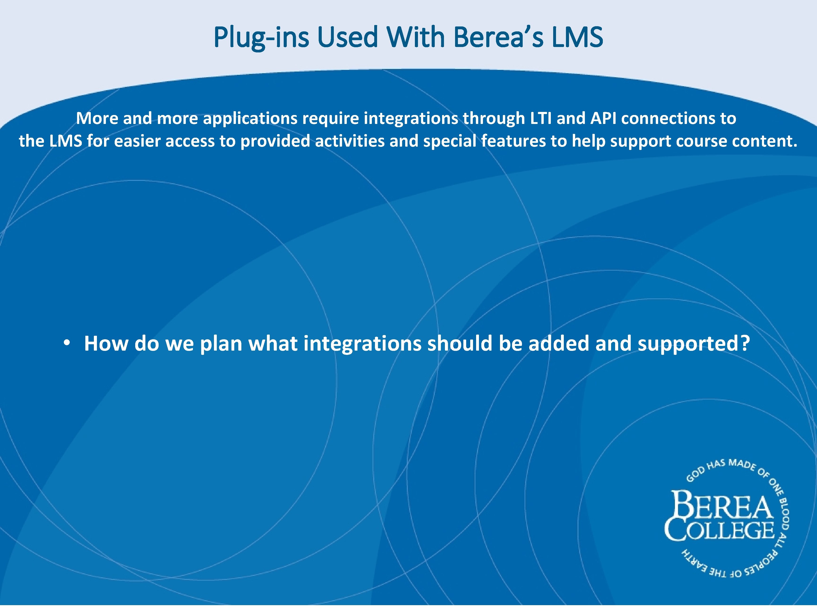 Plug-ins Used With Berea’s LMS More and more applications require integrations through LTI and