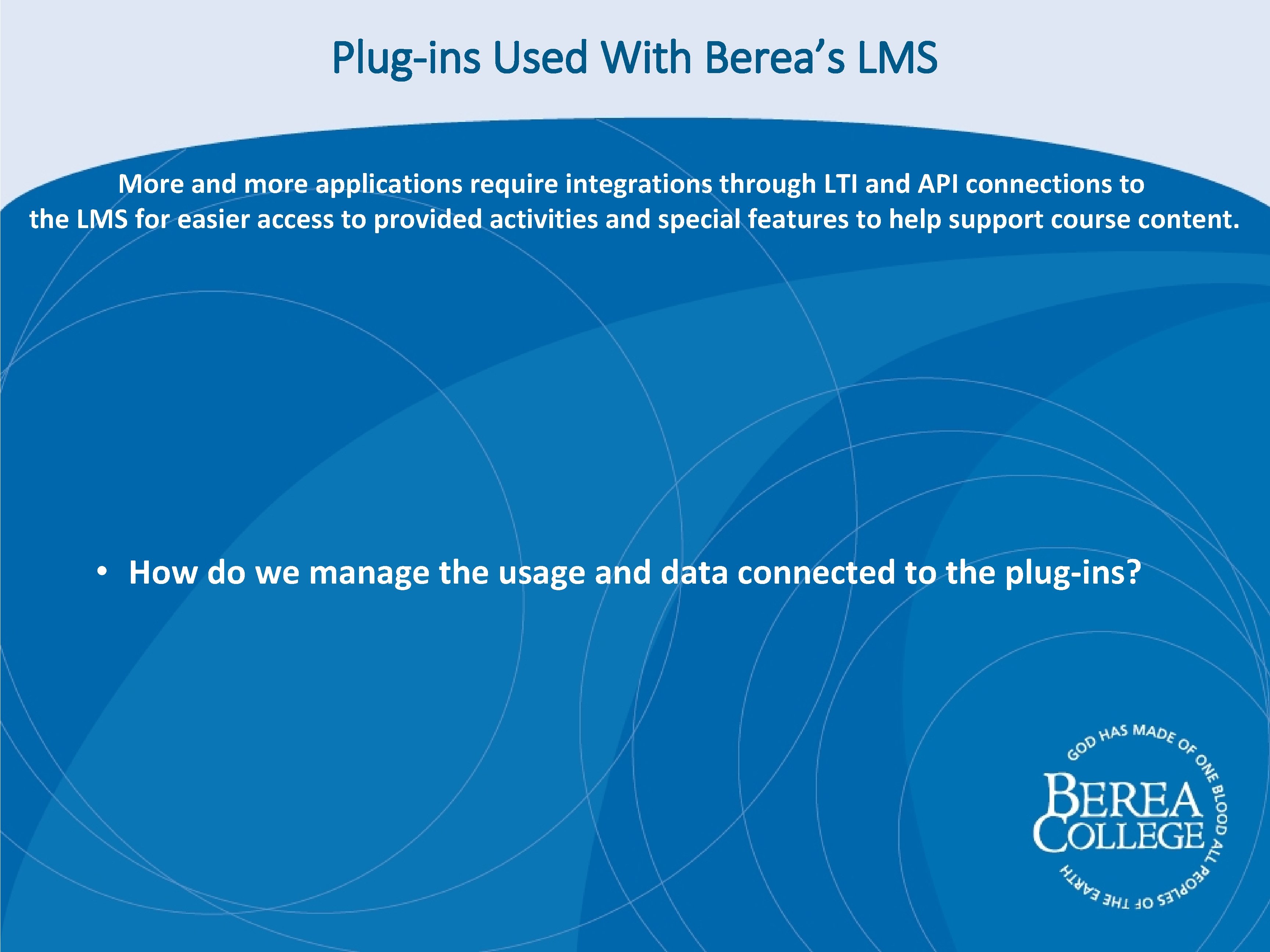 Plug-ins Used With Berea’s LMS More and more applications require integrations through LTI and