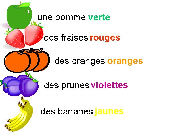 une pomme verte des fraises rouges des oranges des prunes violettes des bananes jaunes