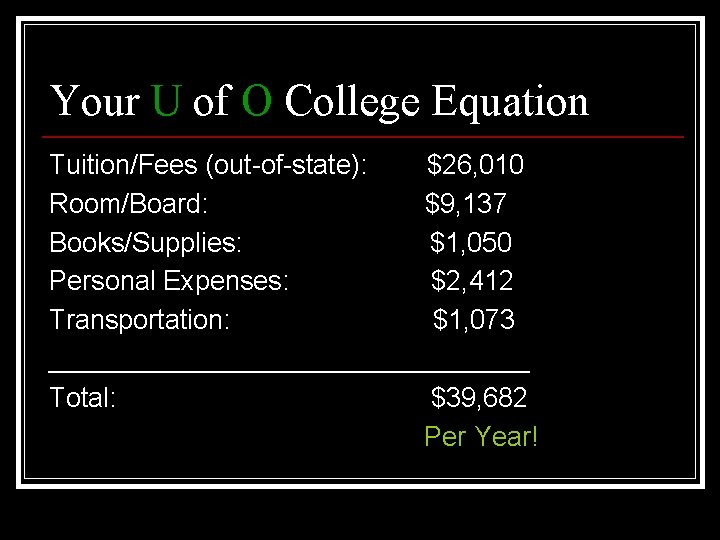 Your U of O College Equation Tuition/Fees (out-of-state): $26, 010 Room/Board: $9, 137 Books/Supplies: