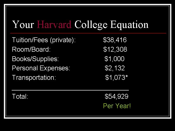Your Harvard College Equation Tuition/Fees (private): $38, 416 Room/Board: $12, 308 Books/Supplies: $1, 000